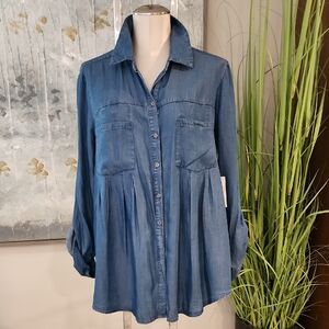 NWT Style & Co Blue Denim Button-Up Roll Tab Sleeve Shirt Women's Size 1X